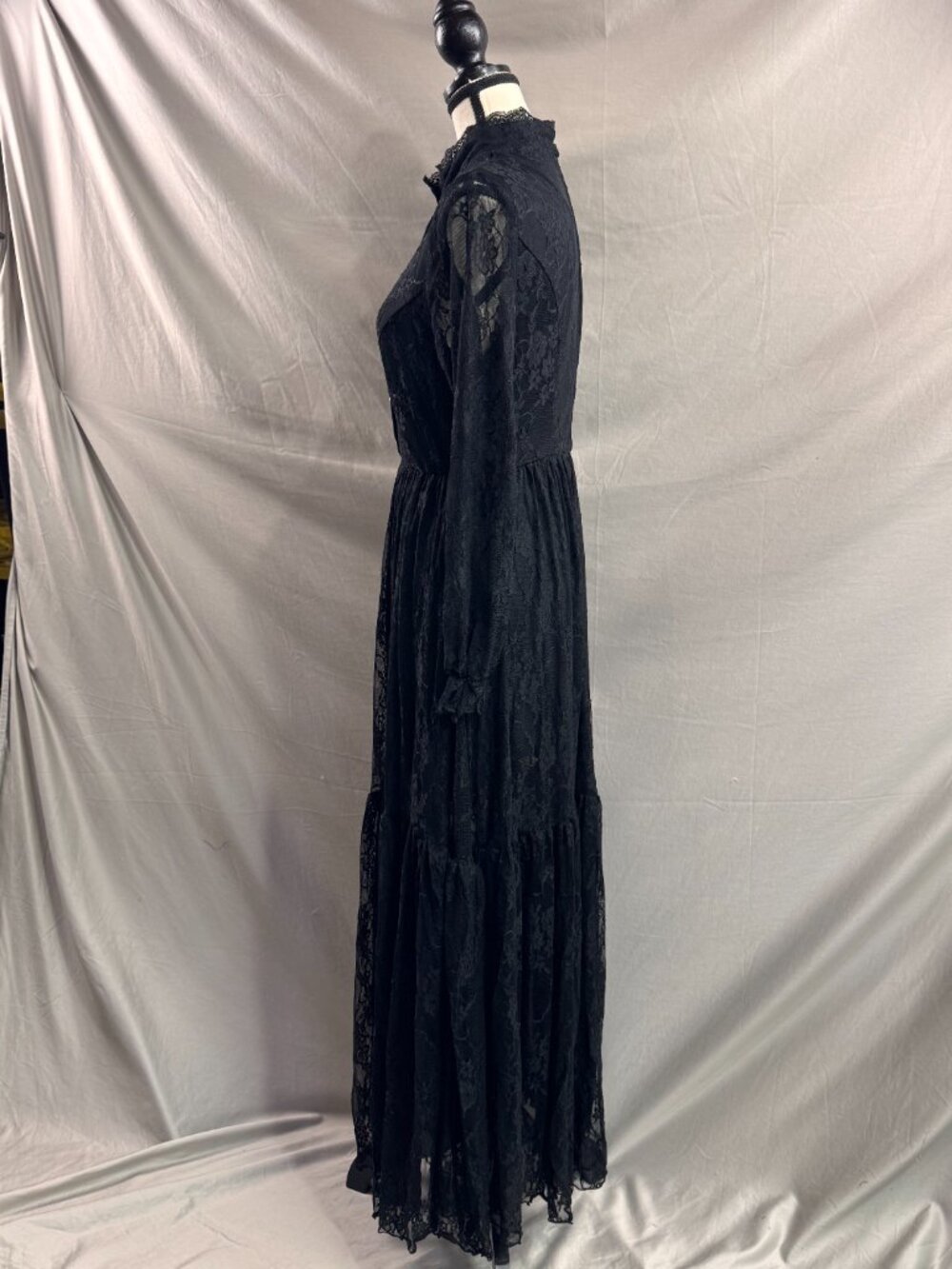 Victorian Black Lace Maxi Dress High Neck Long Sleeve Gothic Boho Gown - Picture 12 of 13